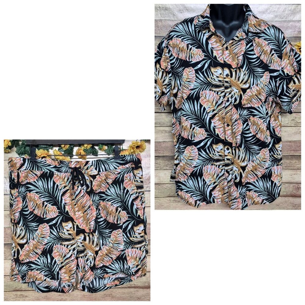 Tropical Black and Orange Men's Casual Button Down Shirt and short set